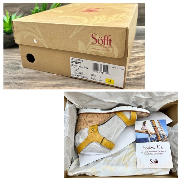 NIB Sofft Cyndy Strappy Wedge Leather Sandal Lemon Yellow - Picture 11 of 12